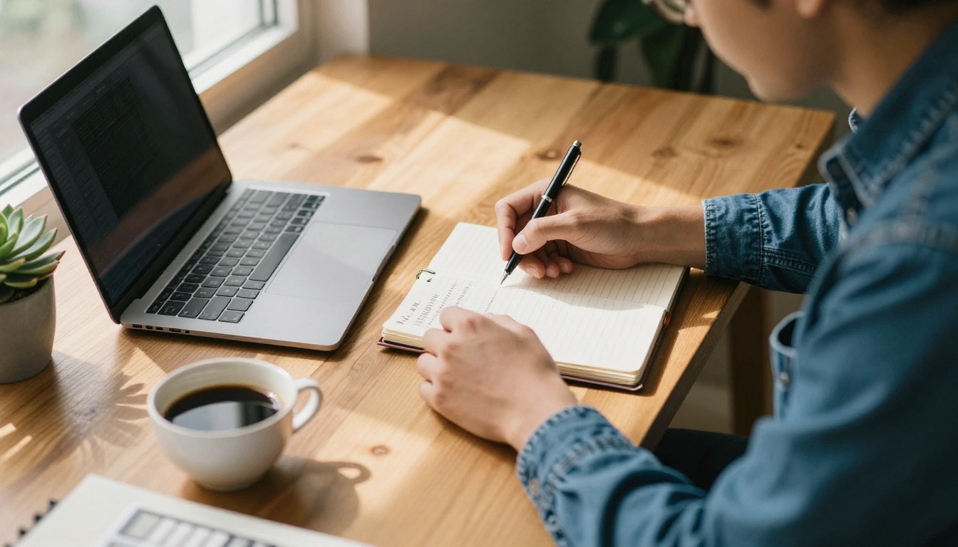 A freelance creator working out a budget in a notebook beside a laptop and a solar calculator