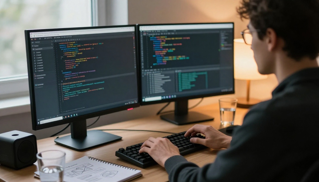 Over-the-shoulder view of a developer typing beside a monitor with a dark code editor