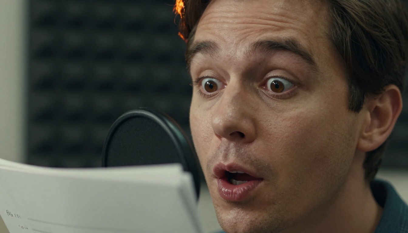 Close-up of an actor whispering into a pop filter in a vocal booth with a marked-up script