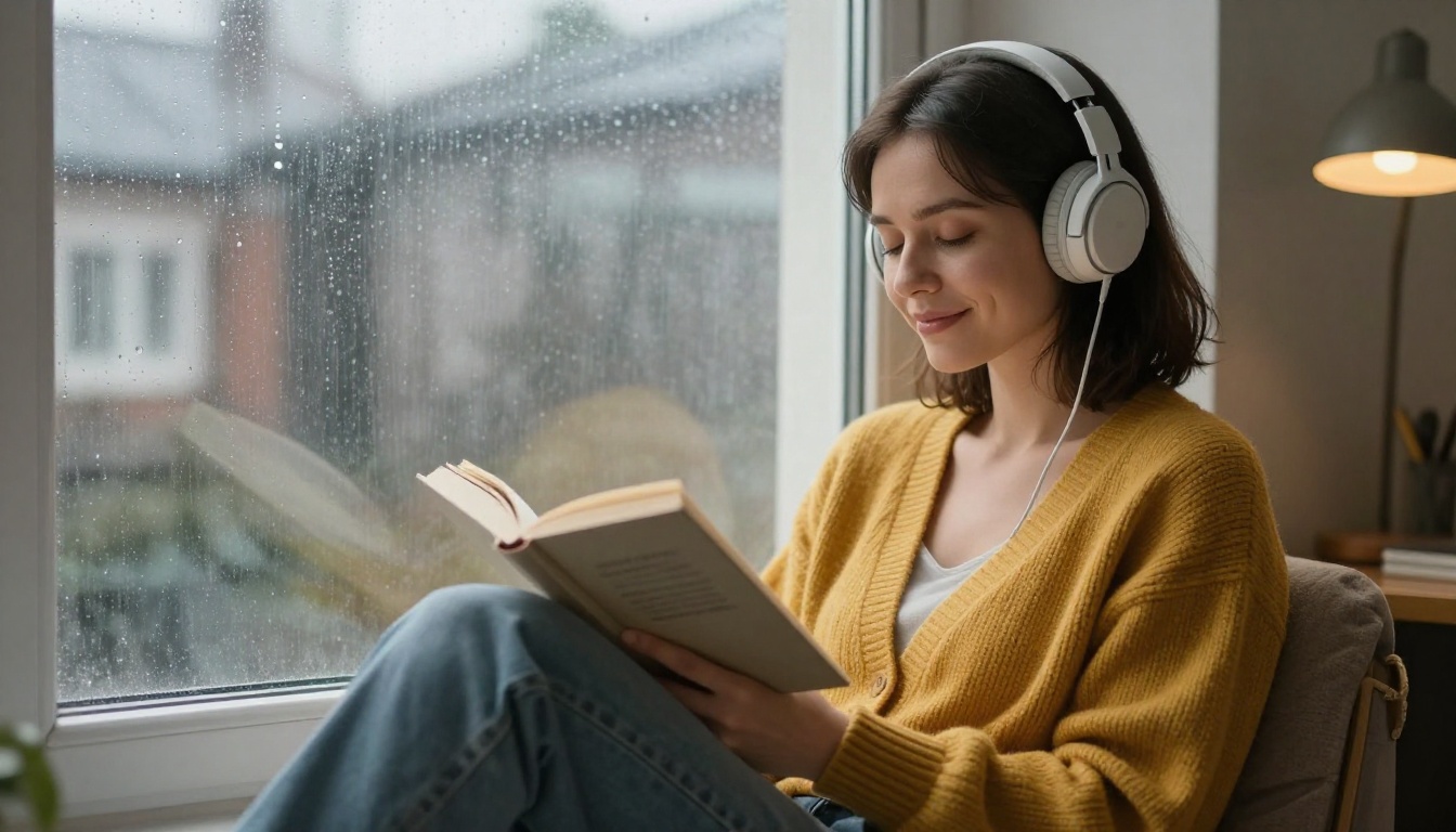 A woman in a mustard cardigan listening to an audiobook in a rainy window reading nook