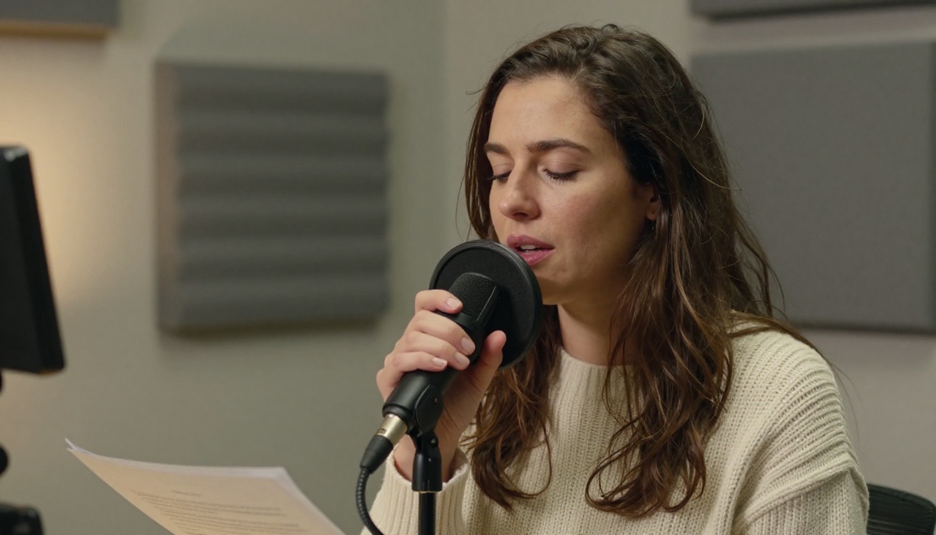 A woman in a cream sweater speaking into a condenser microphone with a pop filter in a small sound treated booth