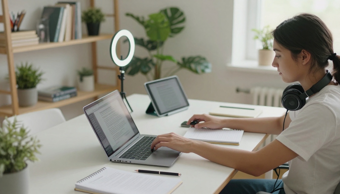 A content creator typing a script on a laptop in a bright workspace with headphones around the neck