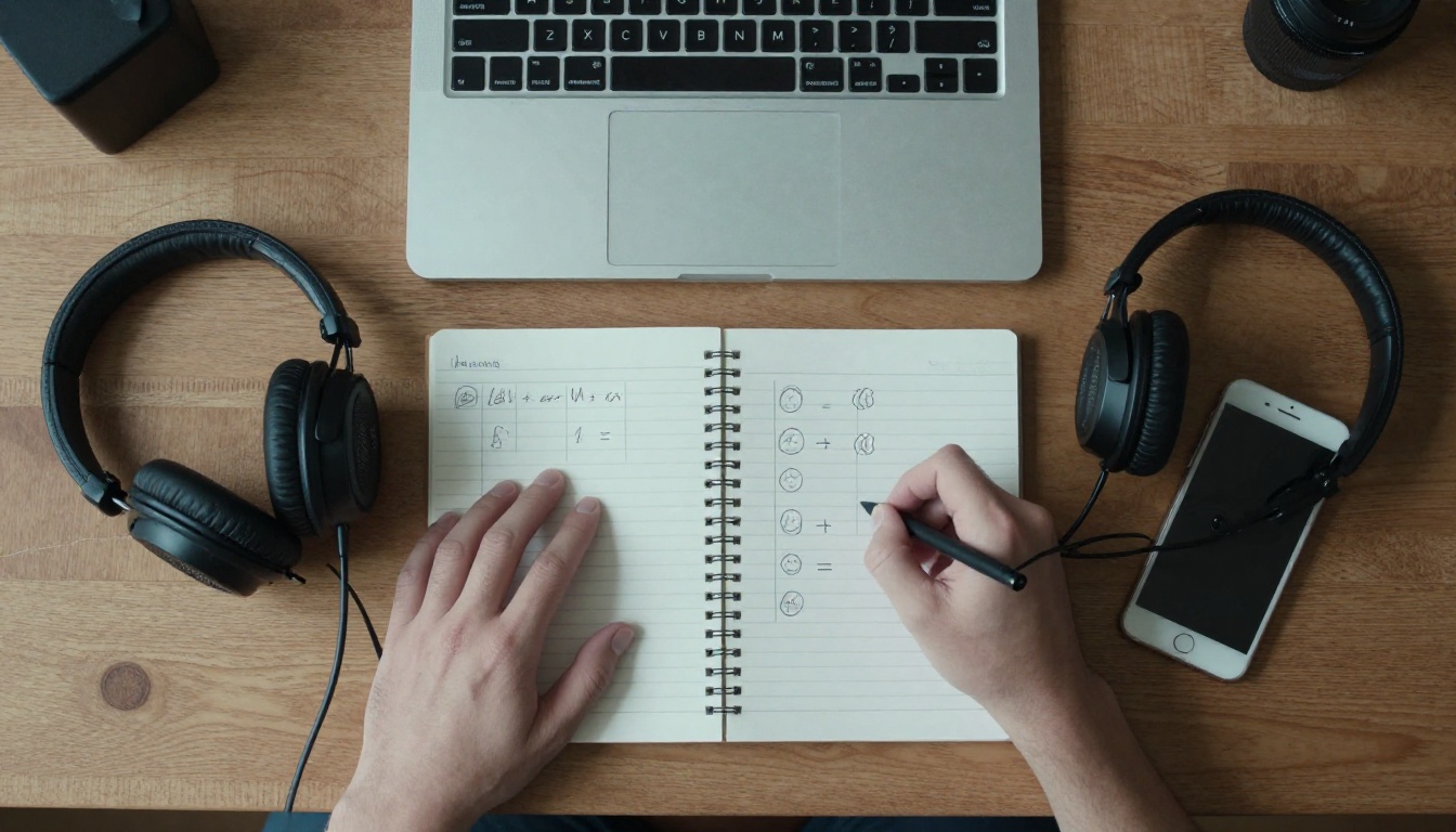 Overhead view of a wooden desk with a laptop, two pairs of headphones, and a notepad set up for a voice listening test