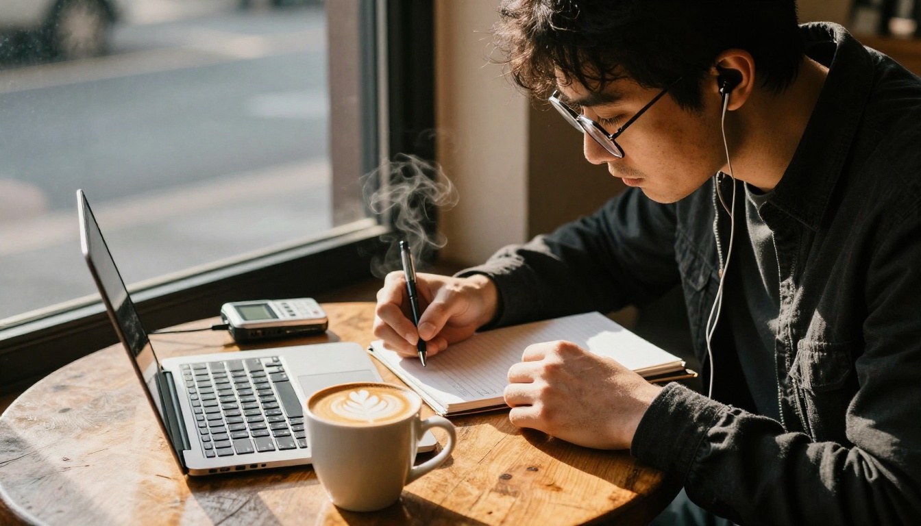 A journalist with round glasses transcribing an interview at a cafe table with a laptop and recorder