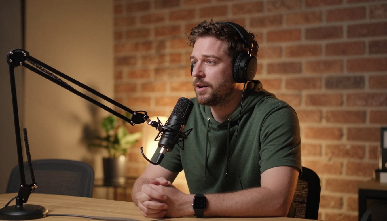 A podcaster in a dark green hoodie speaking into a broadcast microphone at a podcast table with a brick wall behind him