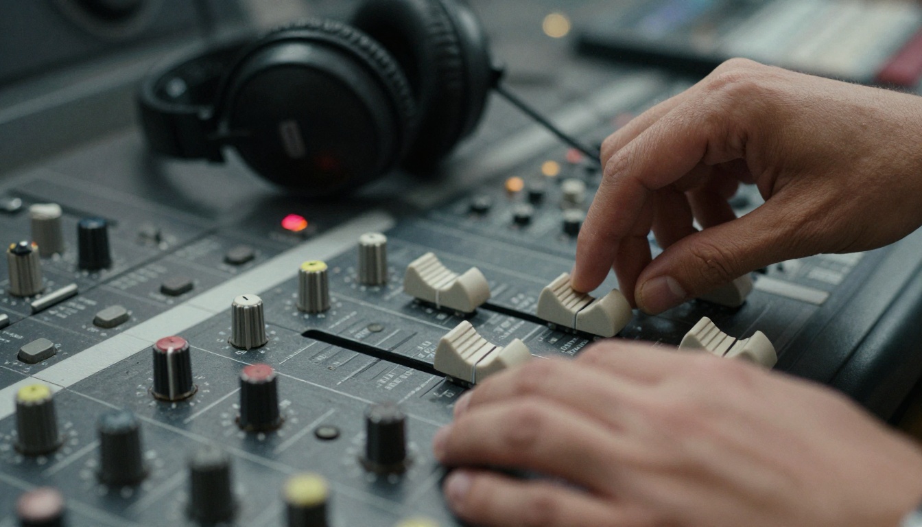 Hands adjusting a rotary knob on a vintage analog mixing console beside a pair of headphones