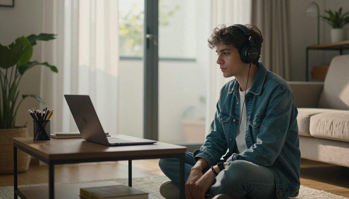 A young man in a denim jacket wearing over-ear headphones on a sunlit floor, comparing two voices on a laptop