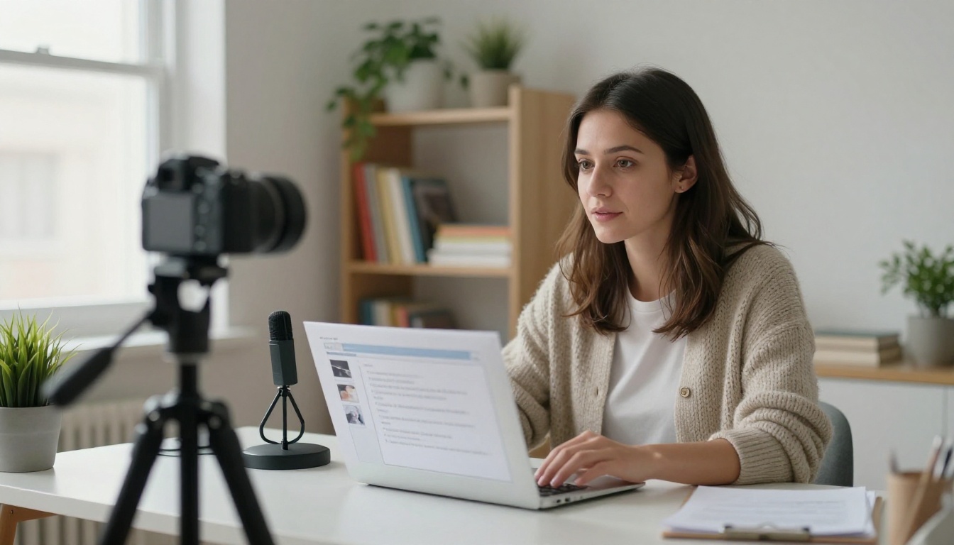 A woman recording an online course in a bright home office with a USB microphone and a camera on a tripod
