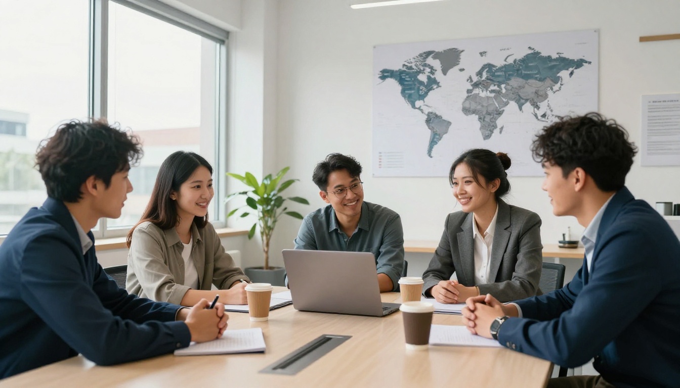 A diverse team of coworkers around a table in a bright office listening to a speaker on a laptop
