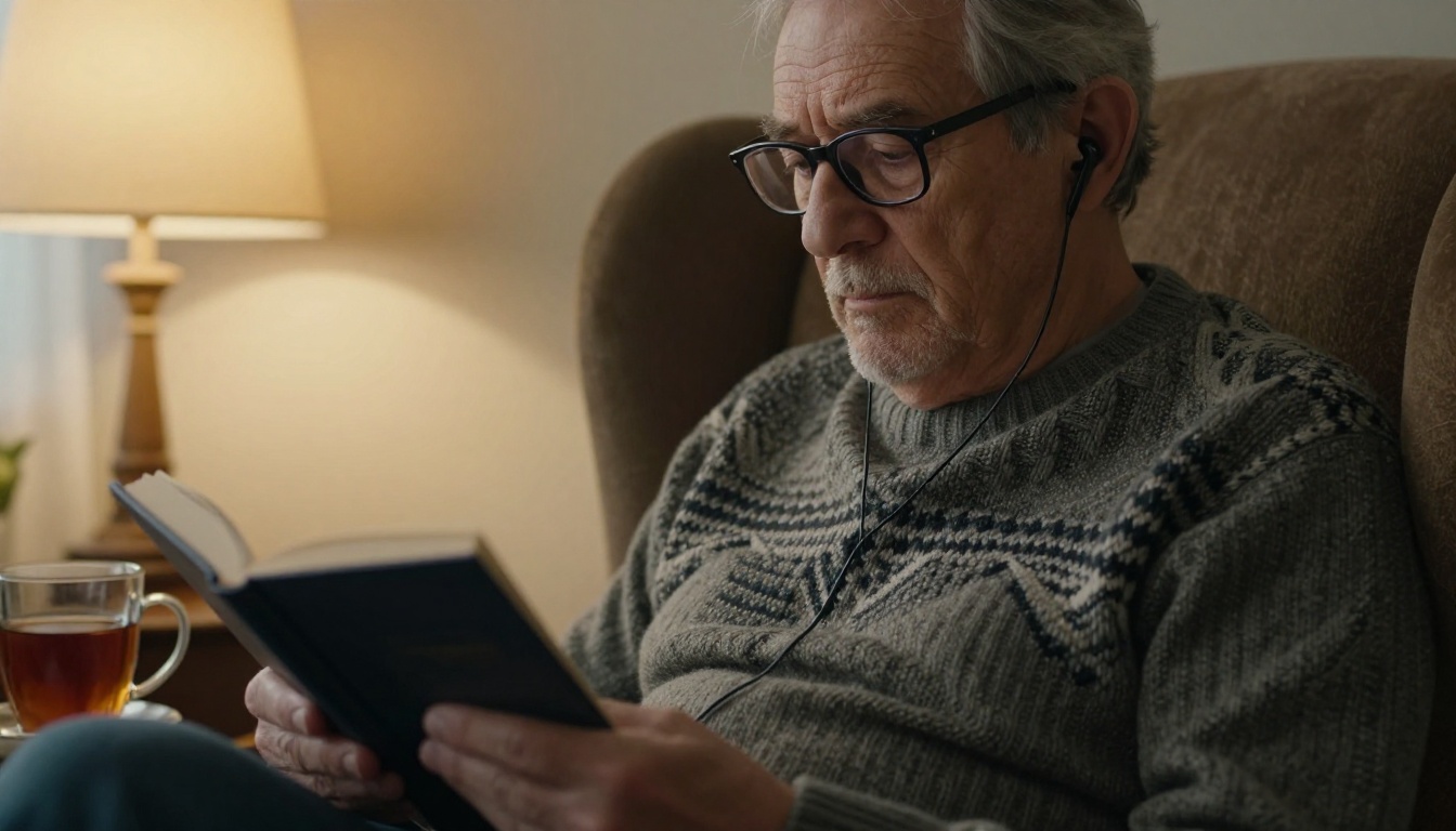 An older man in reading glasses listening to an audiobook on earbuds in an armchair with a mug of tea nearby