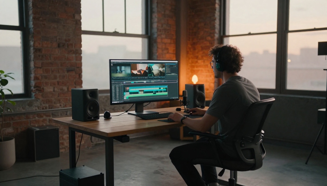 A video editor at a standing desk in a loft studio at dusk with a timeline on a monitor and a microphone nearby