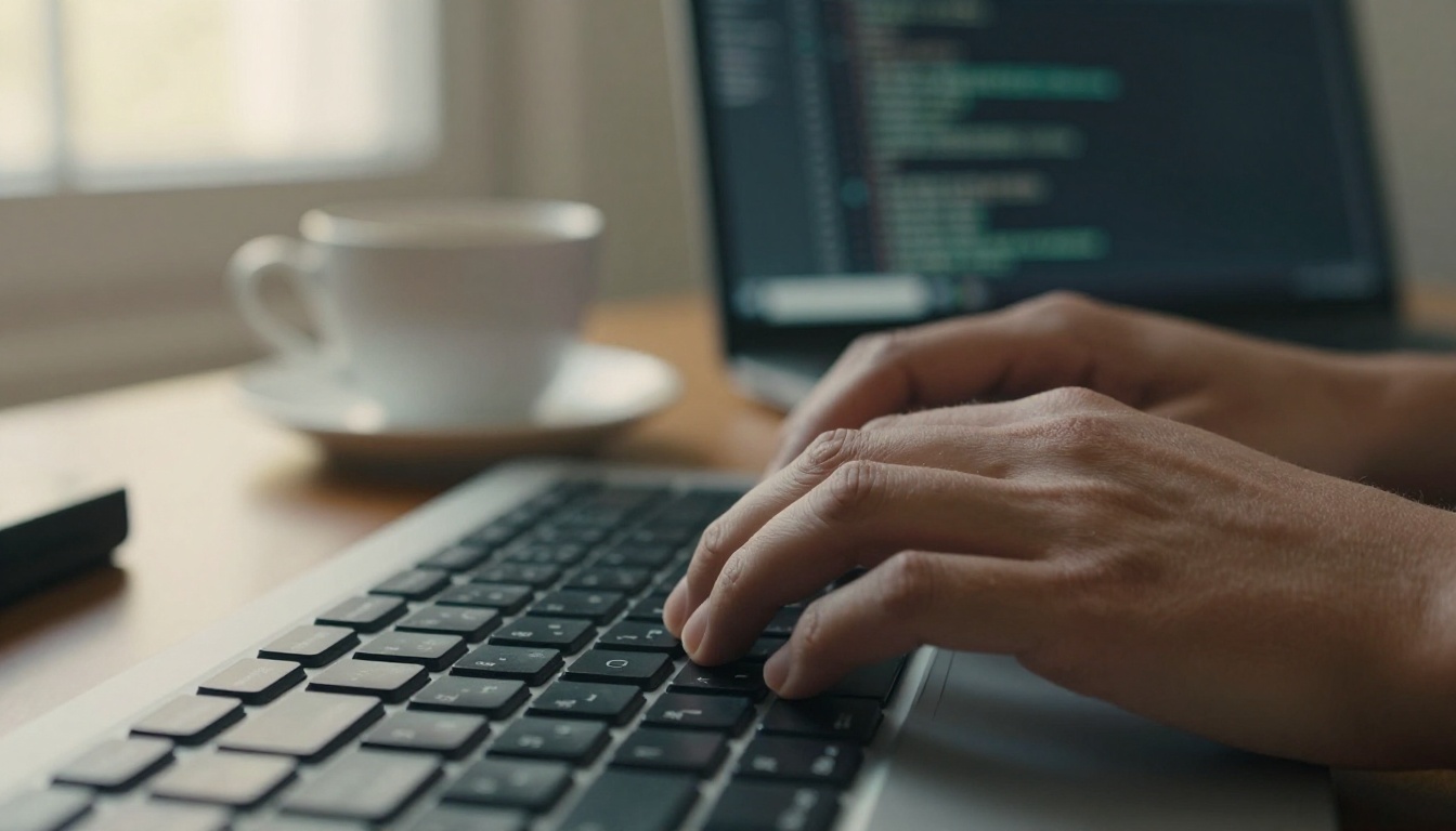 Developer hands typing beside a laptop and a white coffee cup in warm morning light