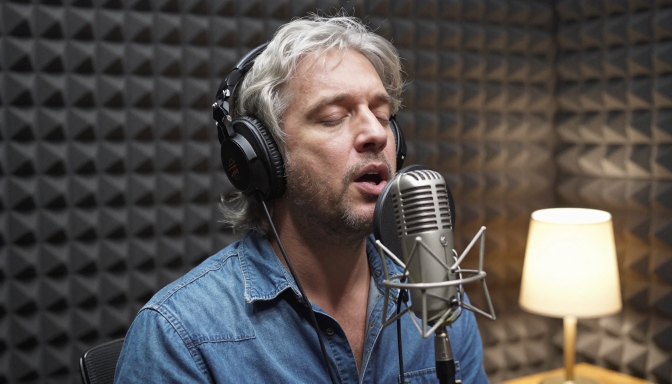 Voice actor with silver hair recording in a padded vocal booth in front of a vintage ribbon microphone