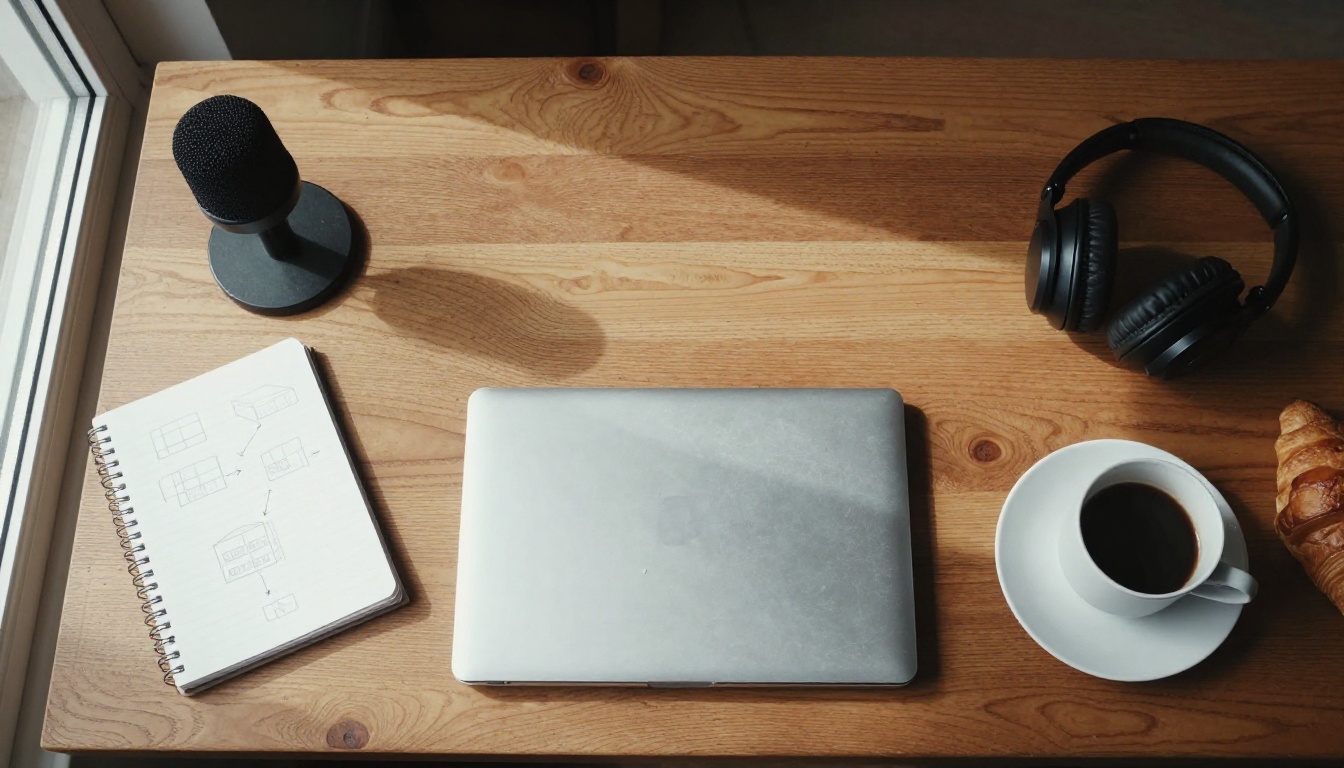 Overhead view of a developer desk with a laptop, USB microphone, headphones and a notebook of pencil sketches