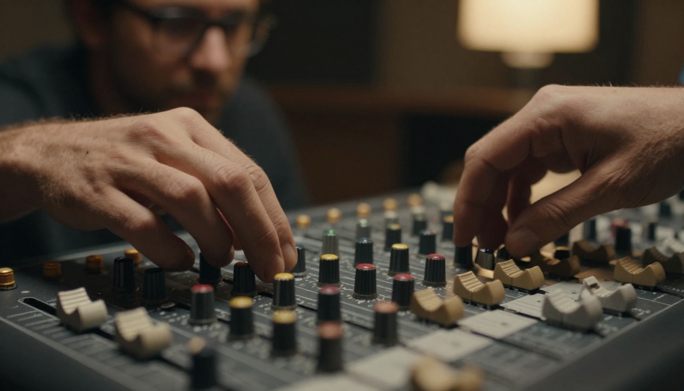 Close-up of a sound engineer's hands sliding the faders on an analog mixing console