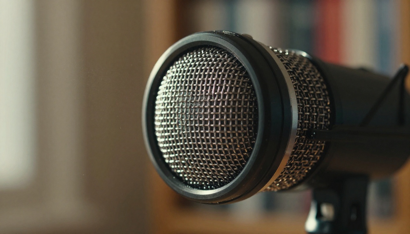 Extreme close-up of a condenser microphone and nylon pop filter lit by a soft beam of morning light