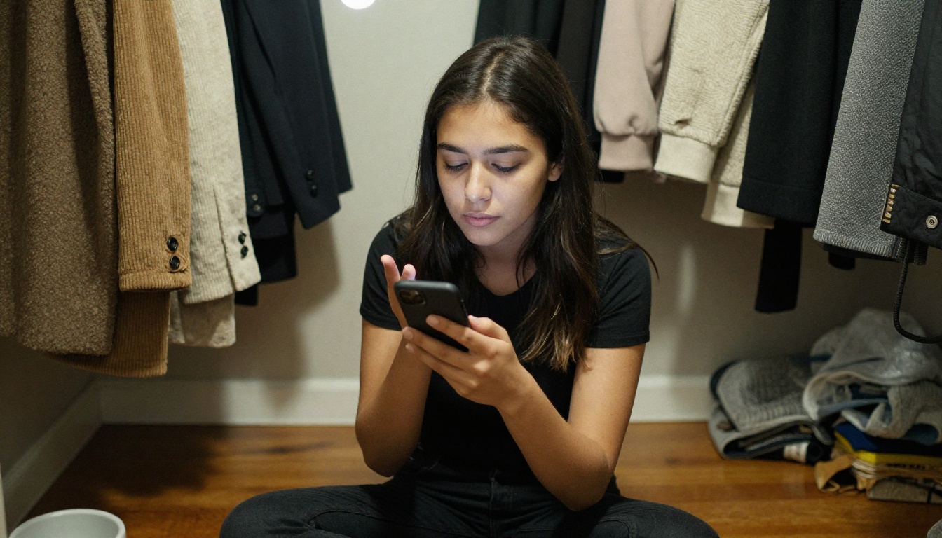 Young woman recording a voice sample on a smartphone inside a closet padded with wool coats and blankets