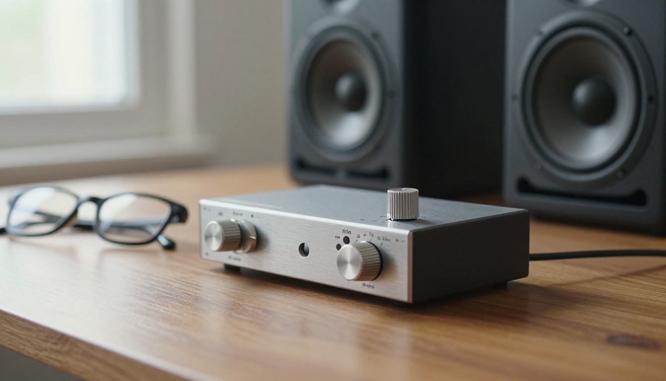 Studio audio interface with metal gain knobs next to a pair of studio monitor speakers and folded reading glasses