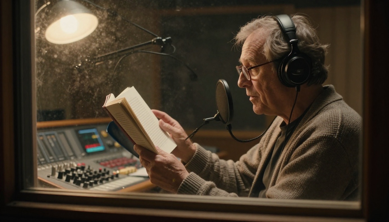 Audiobook narrator in profile reading from a hardback book inside a glass fronted recording booth