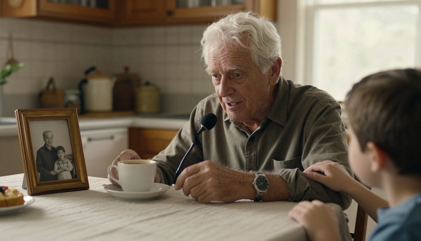 Elderly man with white hair speaking into a small microphone at a sunlit kitchen table beside an old family photograph