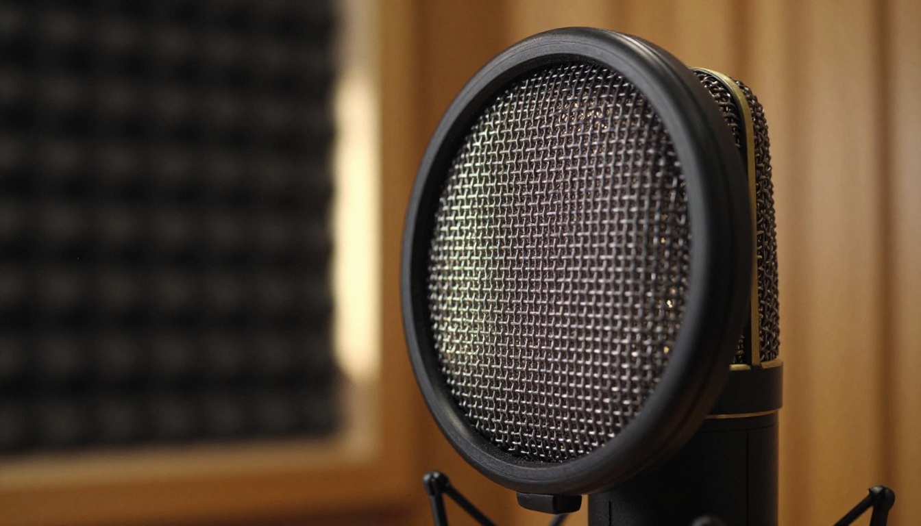 Condenser microphone with a pop filter in a wood-paneled recording room