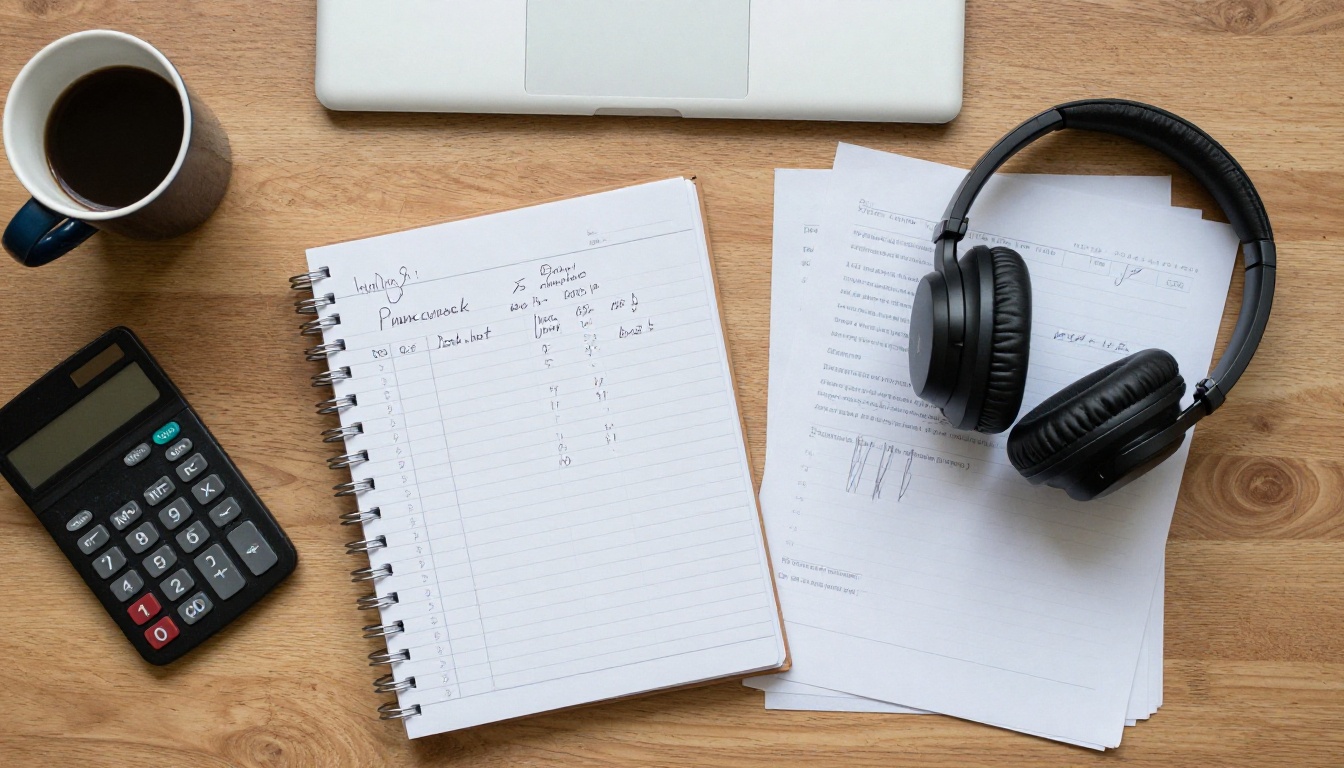 Overhead view of a desk with a notebook of handwritten cost calculations and printed manuscript pages