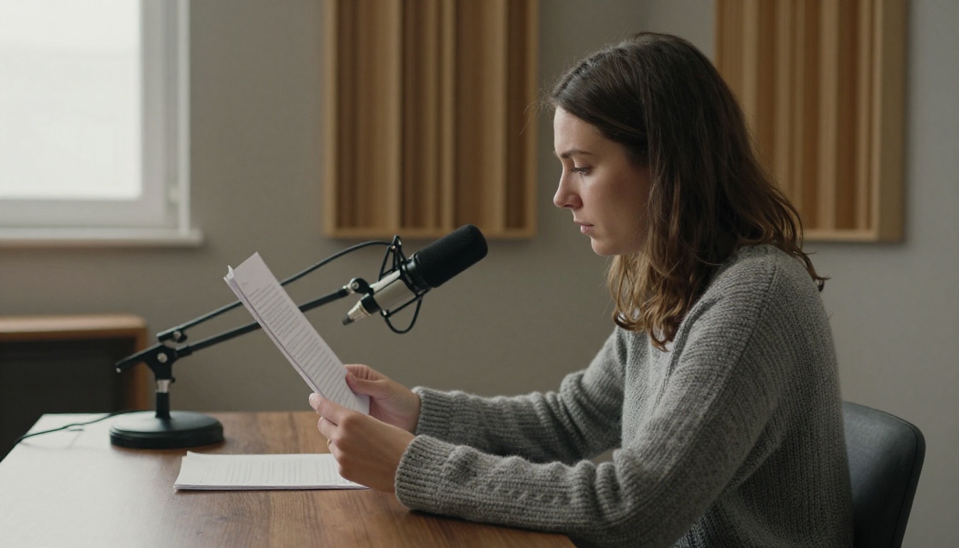 Woman in a gray sweater reading a printed manuscript into a studio microphone