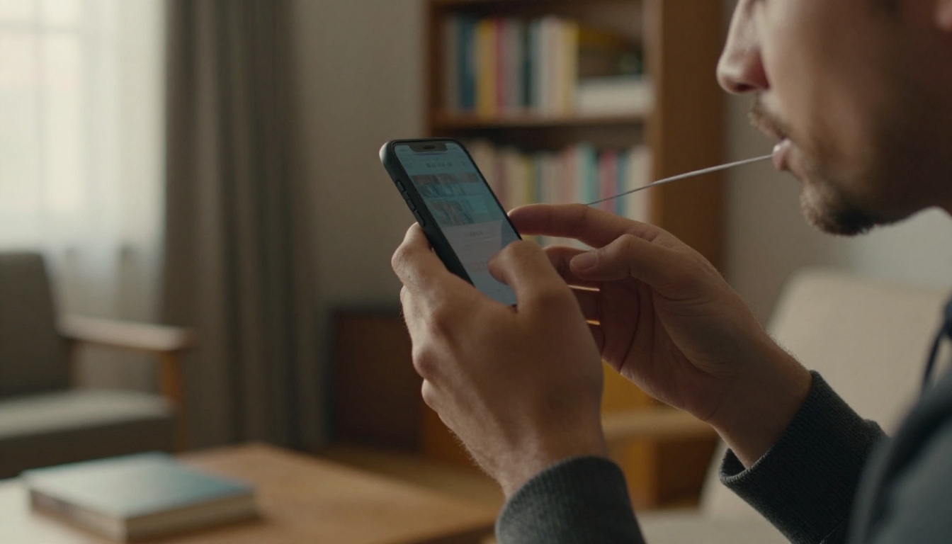 Hands holding a smartphone to record a voice sample in a quiet living room