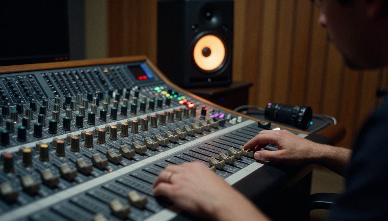 Sound engineer's hands resting on the faders of an analog mixing console