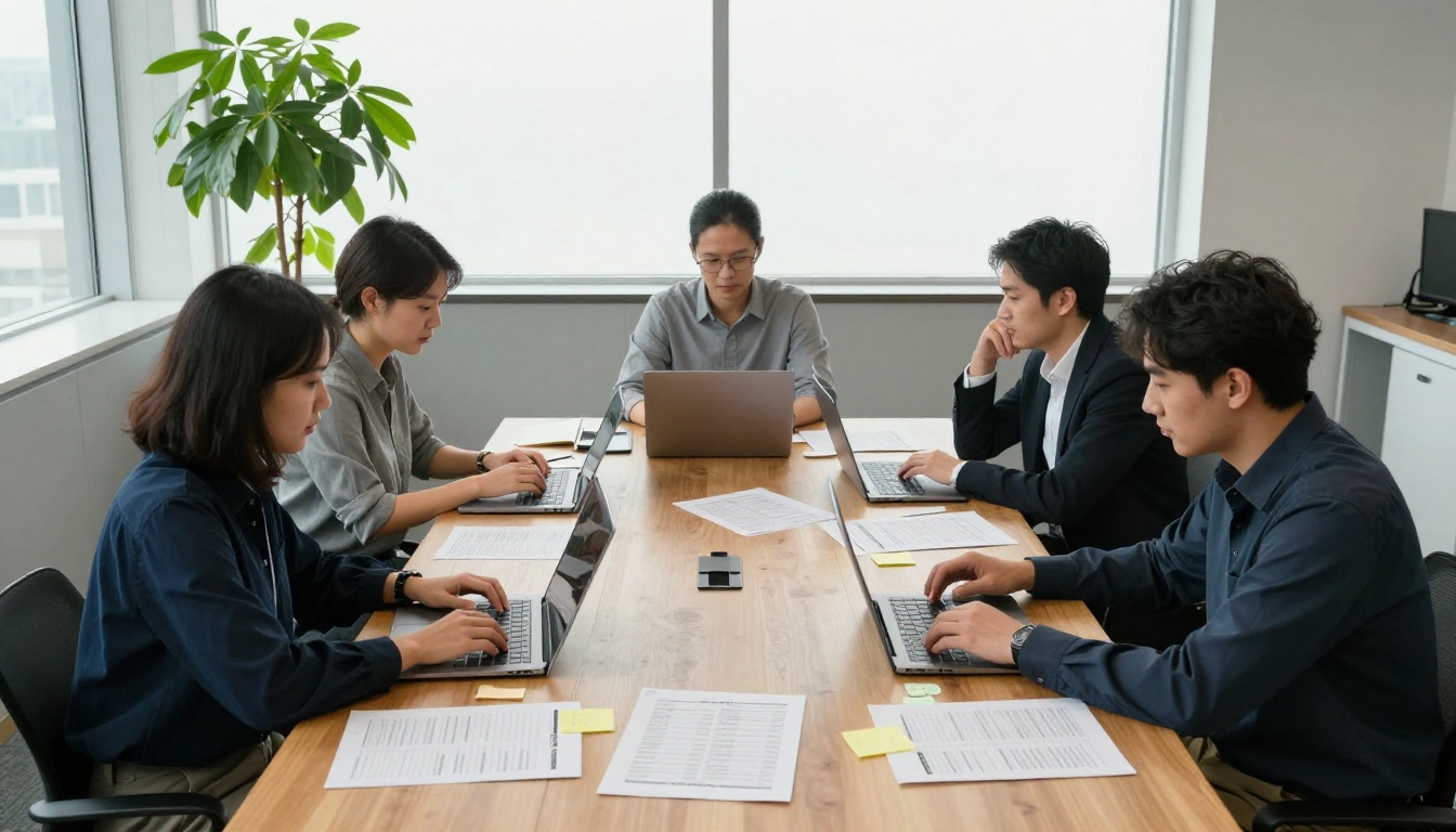 Three colleagues comparing printed price sheets around a wooden table