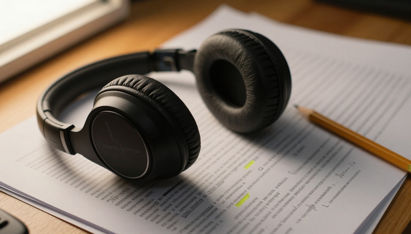Studio headphones resting on a stack of highlighted transcript pages