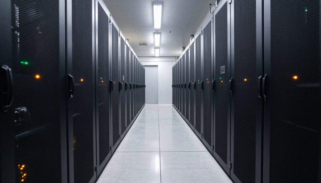 Narrow aisle between black server racks in a data center
