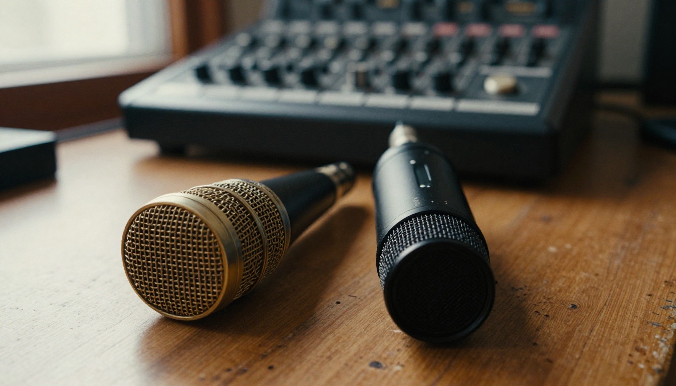Two studio microphones side by side on a walnut desk, one gold-grilled condenser and one slim black dynamic