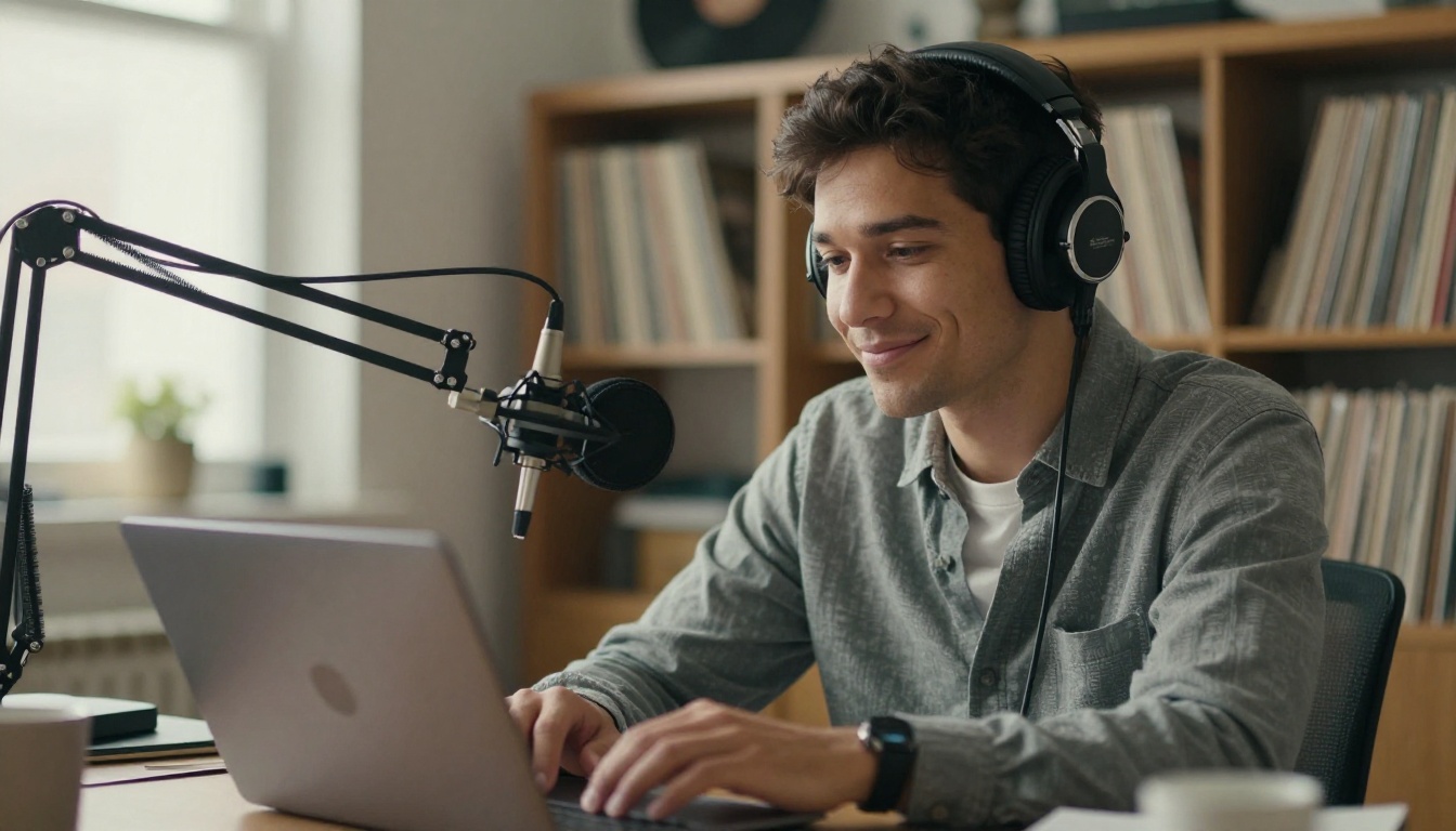 Podcaster wearing headphones looking at a laptop in a cozy home studio