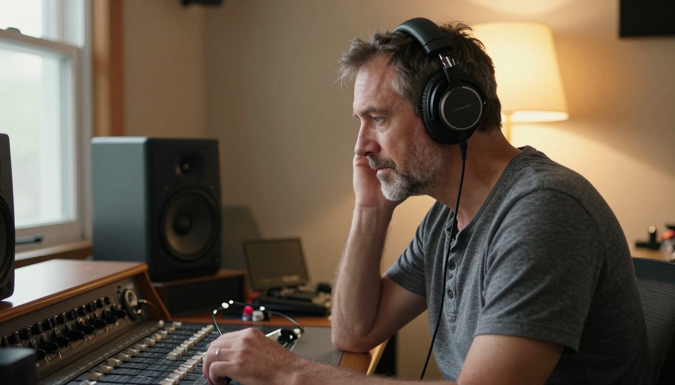Sound engineer in a grey henley and headphones listening at a studio monitoring desk lit by an amber lamp