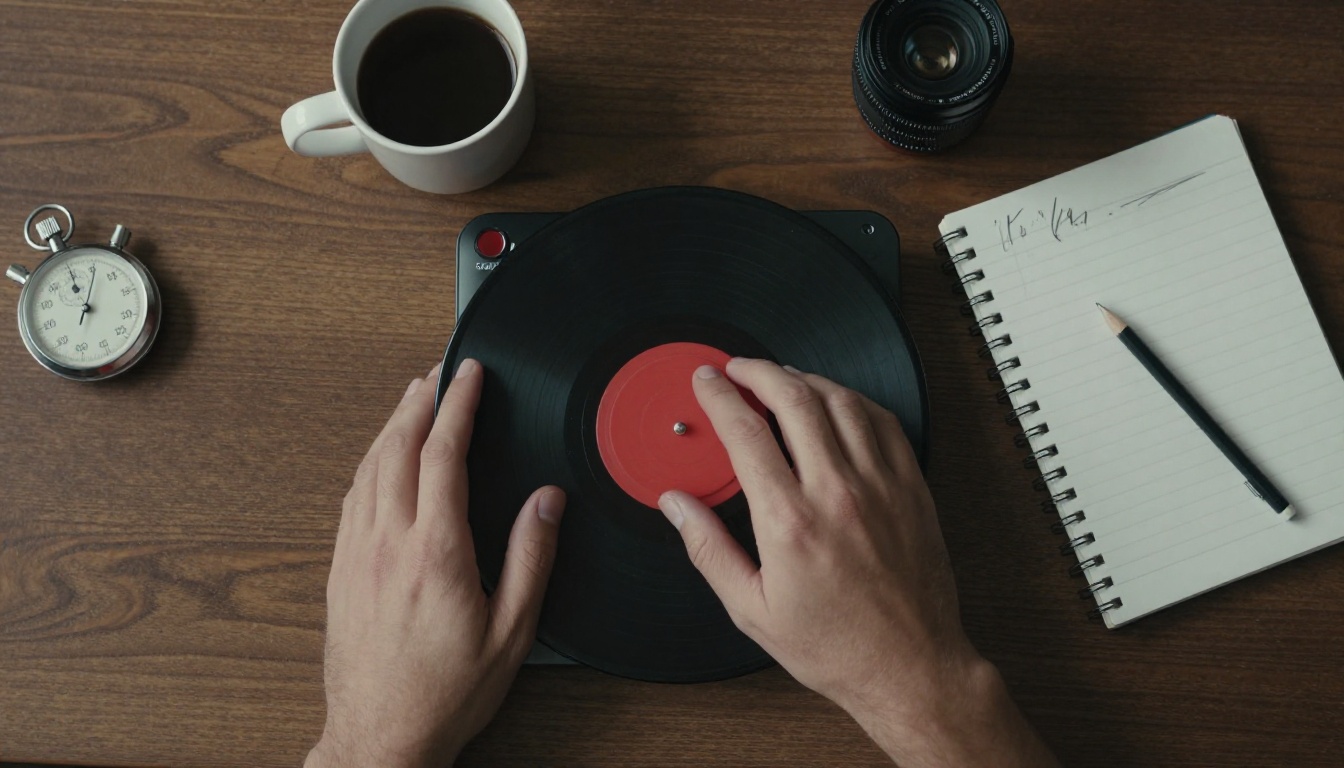 Top-down view of a producer's hands pressing the red record button on a compact audio interface beside a stopwatch and notebook