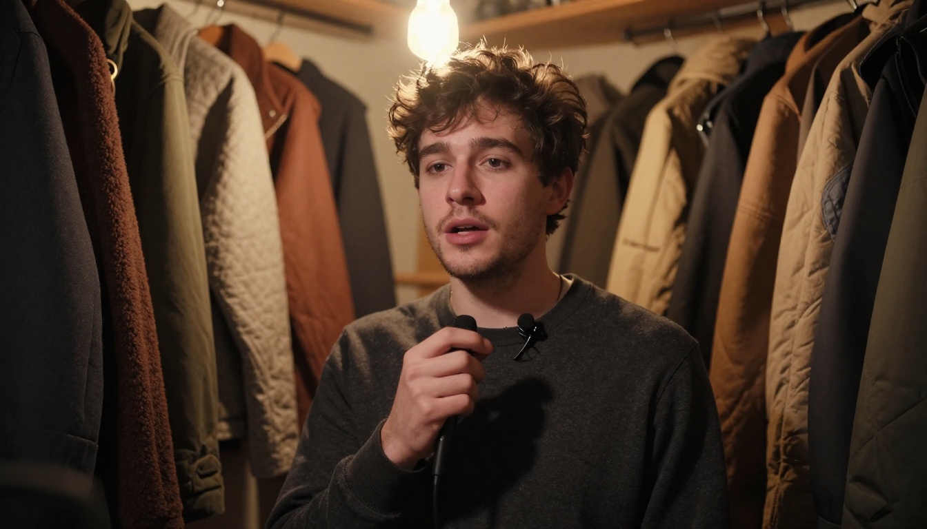 Young man speaking into a lavalier microphone inside a closet lined with hanging winter coats