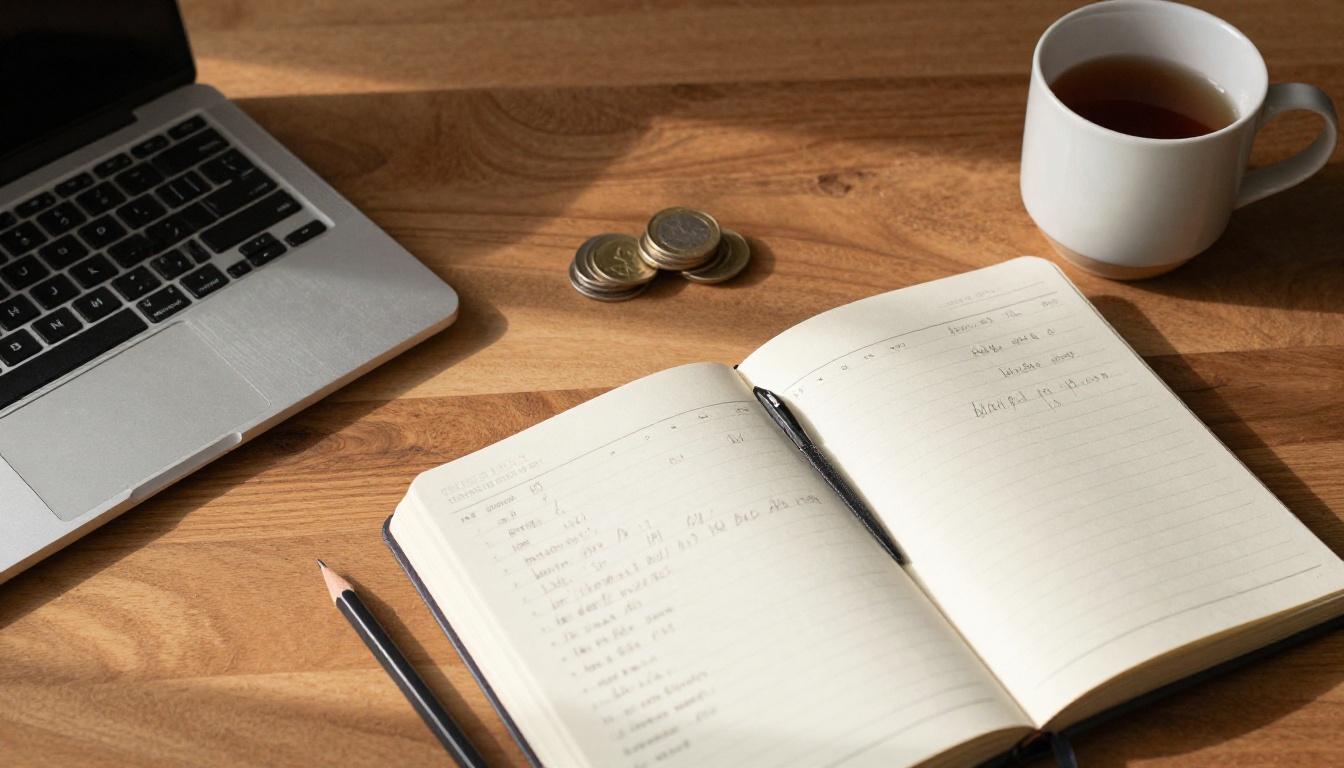 Flat lay of a wooden desk with a calculator, a notebook of handwritten figures, coins, and a mug of tea