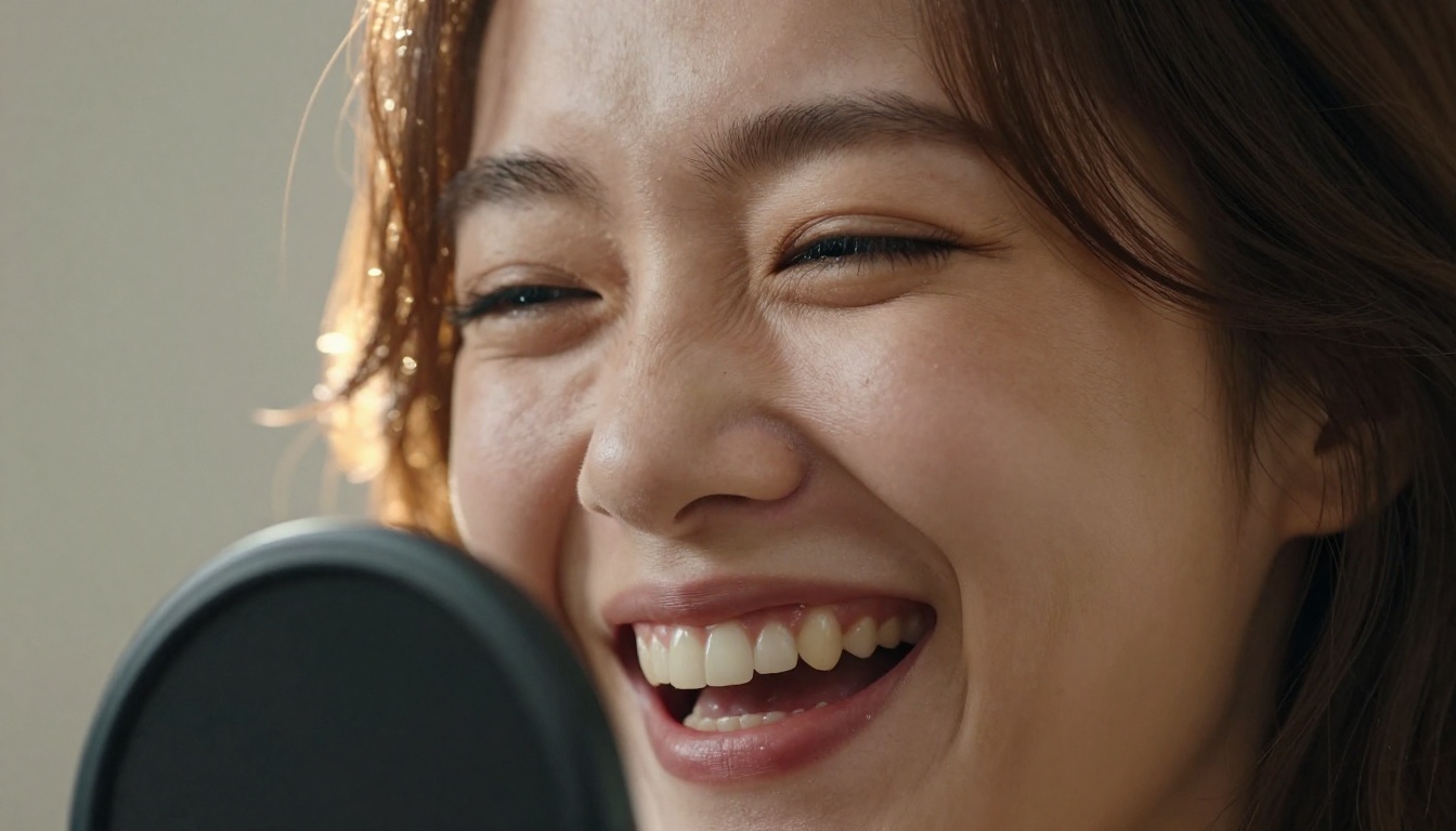 Close-up of a voice actress laughing mid-take at a microphone with a pop filter in the foreground