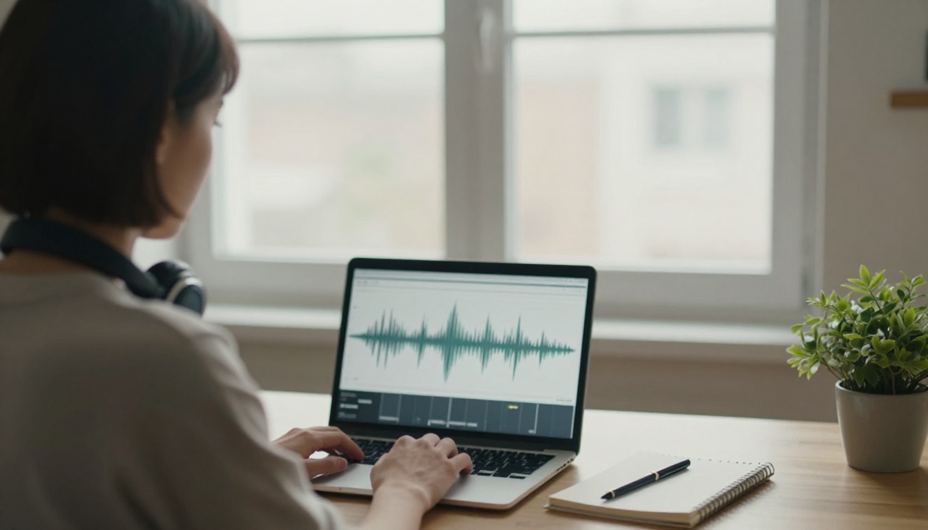 Woman with a short black bob at a bright home office desk with headphones around her neck and a laptop showing audio waveforms
