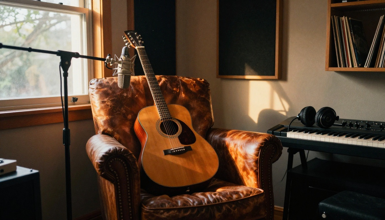 Cozy home music studio at golden hour with an acoustic guitar, a leather armchair, and a boom arm microphone