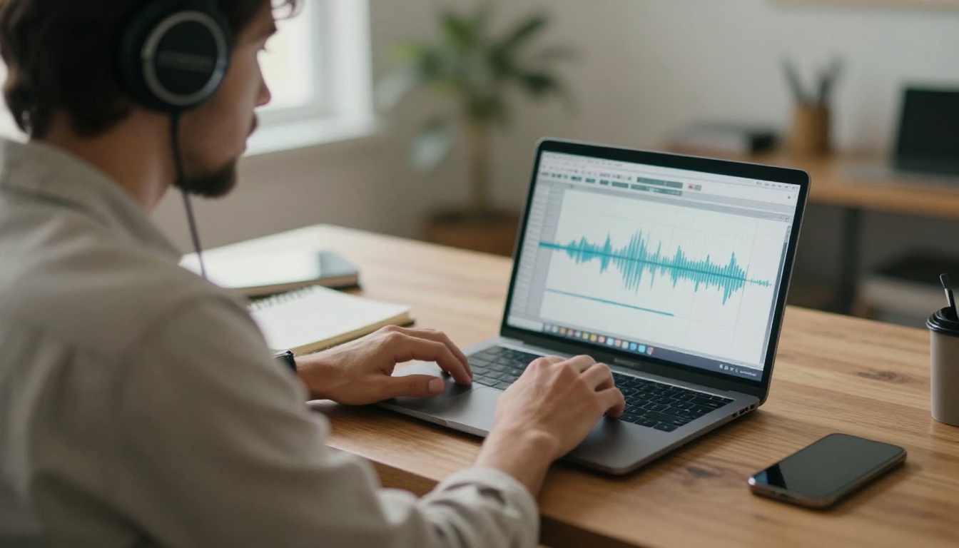 Songwriter in studio headphones reviewing an audio waveform on a laptop in morning light
