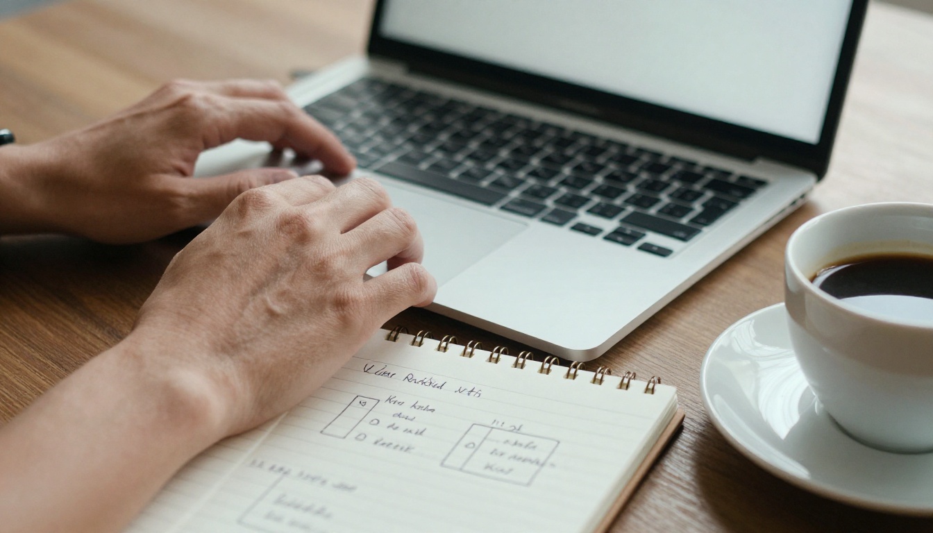 Close-up of a developer's hands typing beside a notebook of request and response diagrams