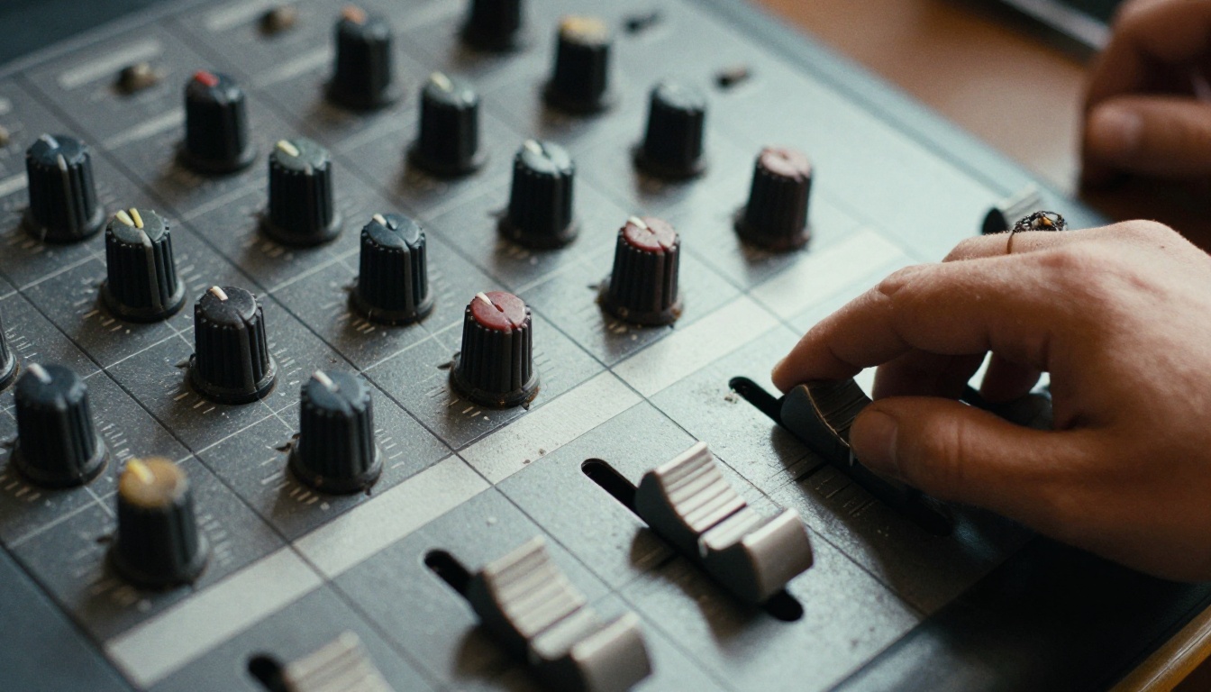 Close-up of an analog mixing console with worn faders under warm lamp light