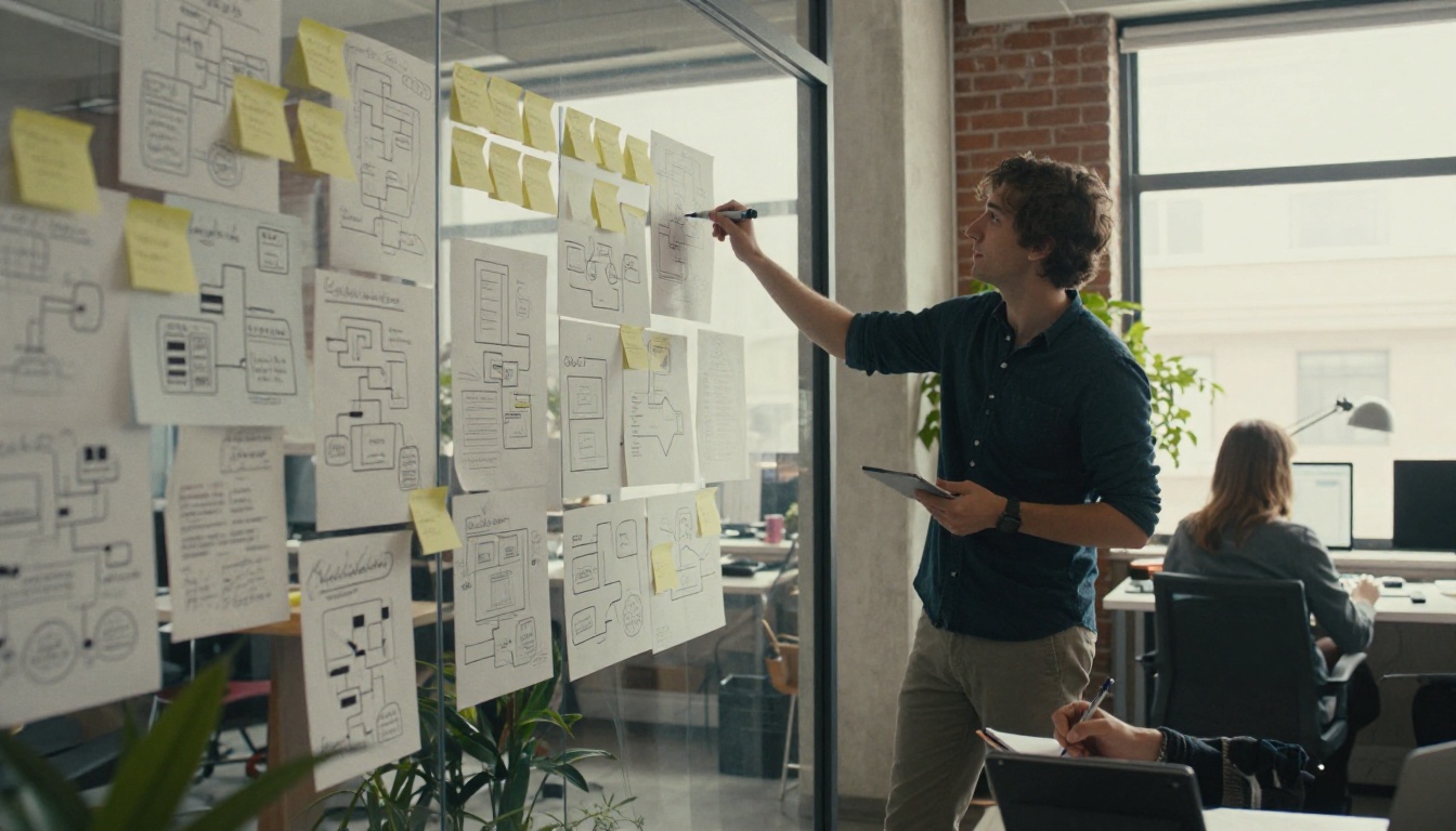 Two colleagues planning a software project at a wall of sticky notes and diagrams