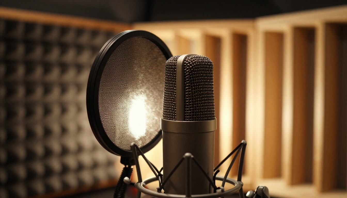 Close-up of a condenser microphone with a pop filter in an acoustically treated vocal booth