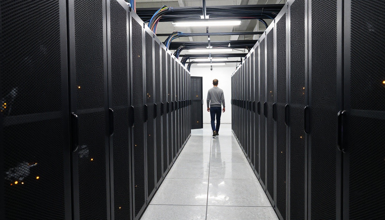 Quiet data center aisle lined with server racks under soft daylight
