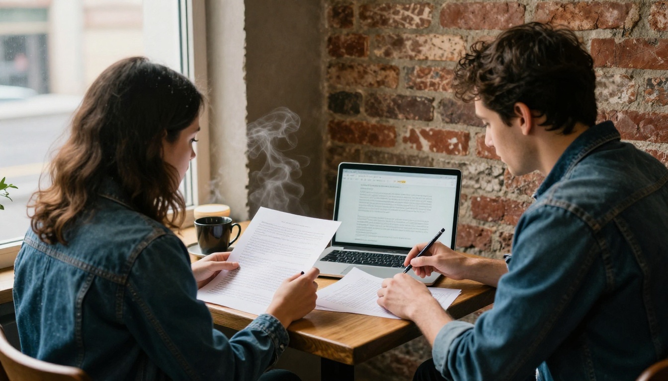 Two people at a cafe table reviewing printed pages and a laptop together