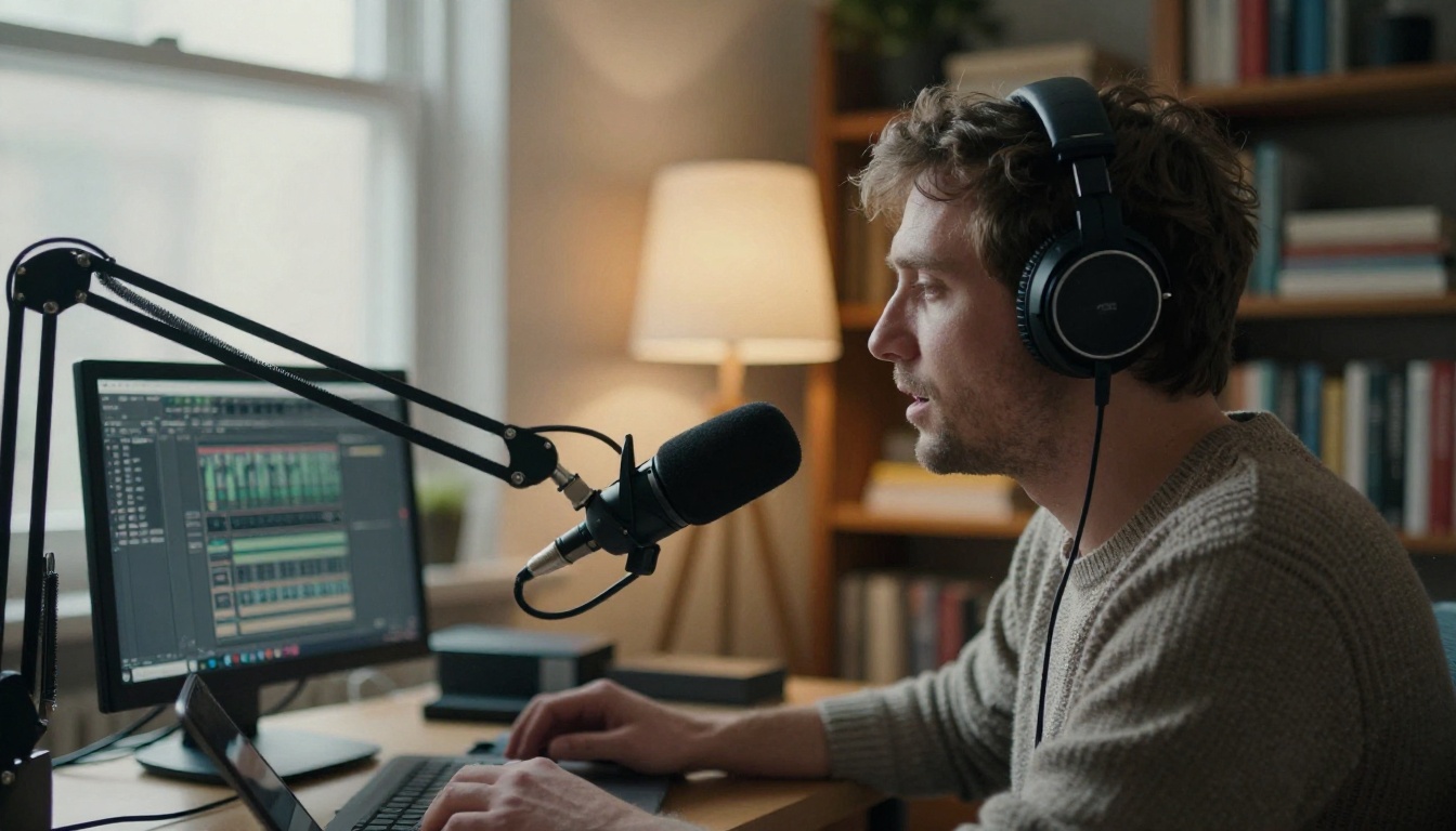 Podcaster speaking into a boom-arm microphone in a cozy home office