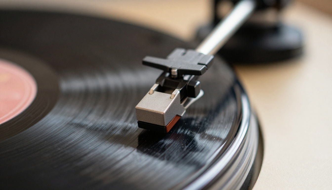 Macro photograph of a turntable stylus resting in the groove of a vinyl record